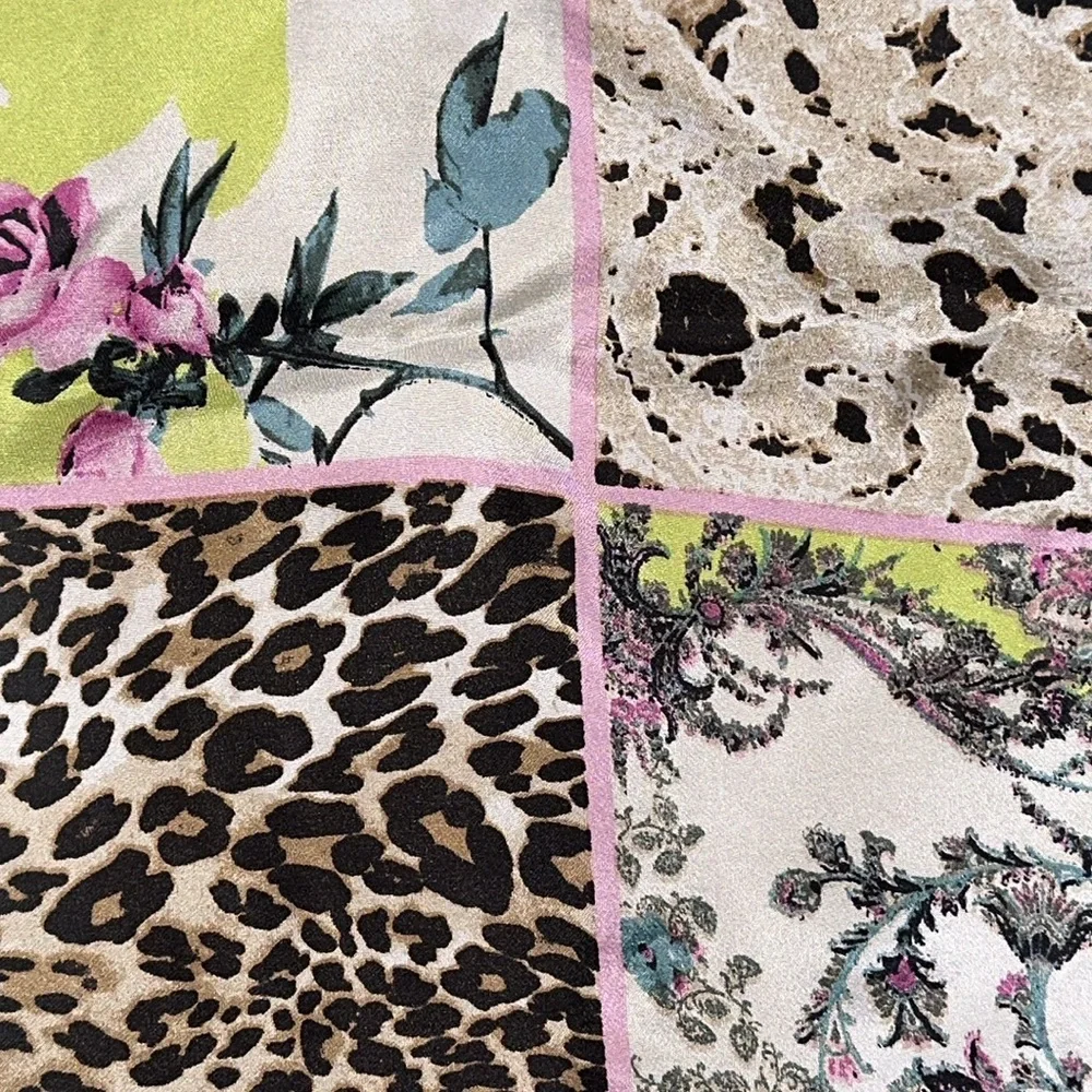 Pure Silk Scarf by Bassler leopard floral black cream pink teal 27x27